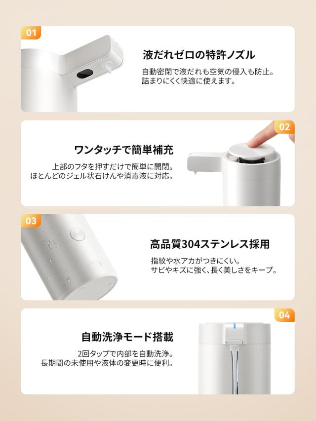 【手をかざすだけ】SUNLY 自動ソープディスペンサー 液体洗剤・食器用洗剤対応 3段階吐出 高感度センサー 静音設計 IPX5防水 270ml USB充_6