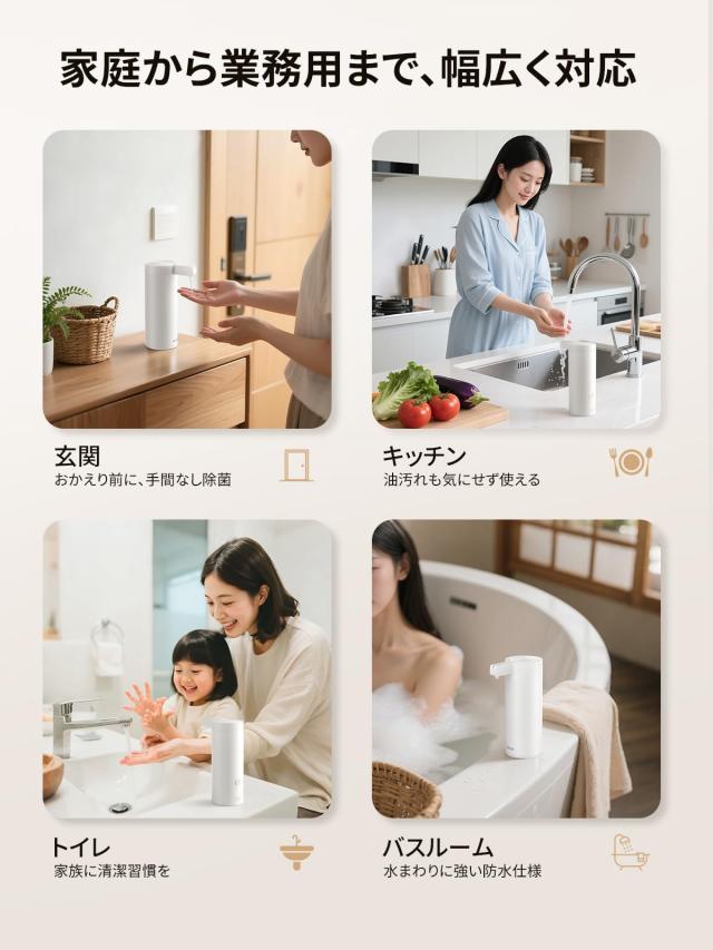【手をかざすだけ】SUNLY 自動ソープディスペンサー 液体洗剤・食器用洗剤対応 3段階吐出 高感度センサー 静音設計 IPX5防水 270ml USB充_7