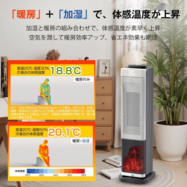 セラミックヒーター タワー型【2026新登場・3D水蒸気LED暖炉】【1秒速