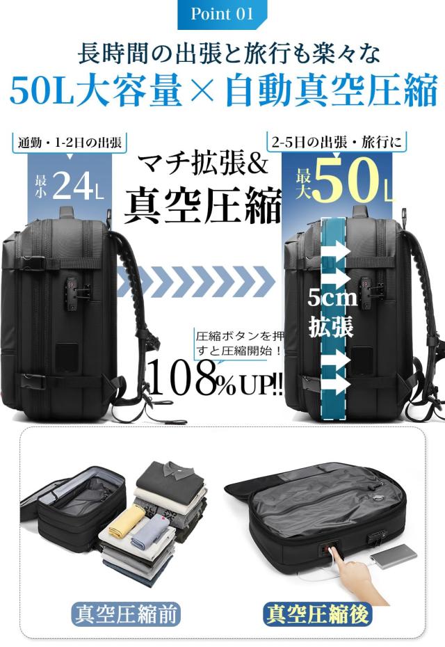 [sushoori] 自動真空圧縮 リュック ビジネスリュック バックパック リュックサック メンズ 大容量 50L 電動バンプ内蔵 TSAロック付 盗難_2