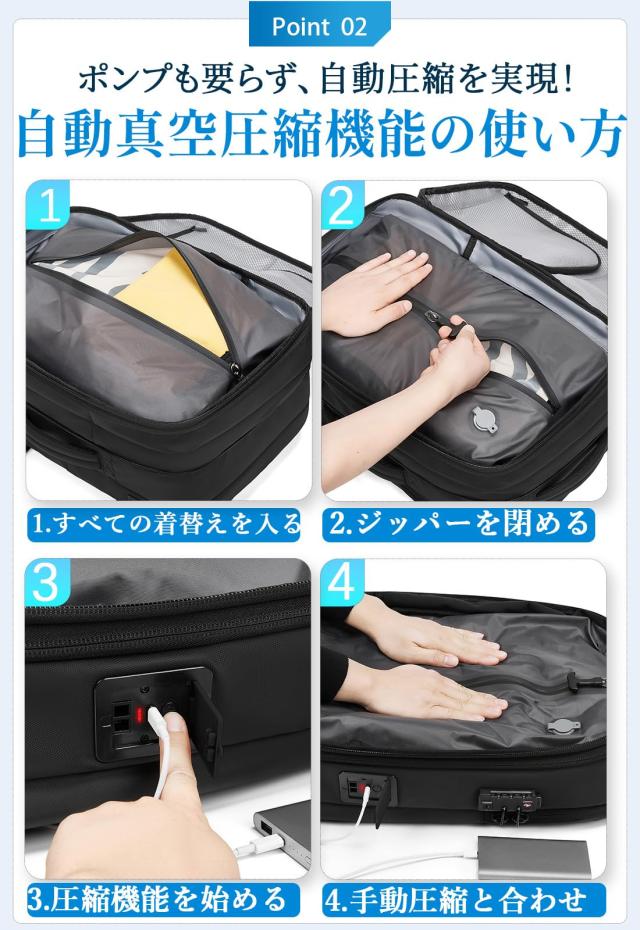 [sushoori] 自動真空圧縮 リュック ビジネスリュック バックパック リュックサック メンズ 大容量 50L 電動バンプ内蔵 TSAロック付 盗難_4
