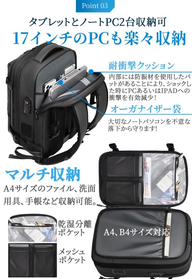 [sushoori] 自動真空圧縮 リュック ビジネスリュック バックパック リュックサック メンズ 大容量 50L 電動バンプ内蔵 TSAロック付 盗難_5