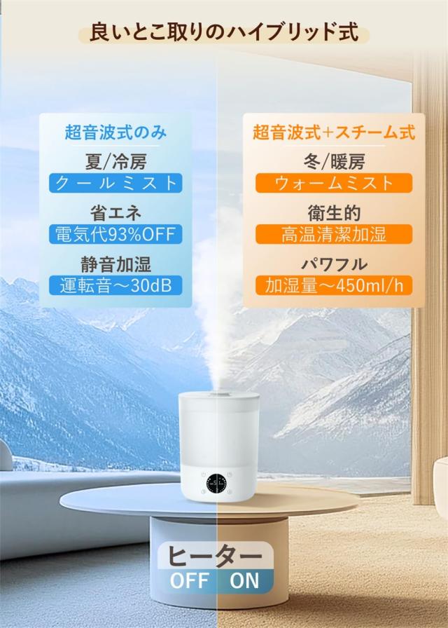【 2025新登場 AI恒湿 UV除菌 】 加湿器 ハイブリッド式 (スチーム式 + 超音波式 1台2役) 蓋から給水 漏れない設計 マイナスイオン清浄_1