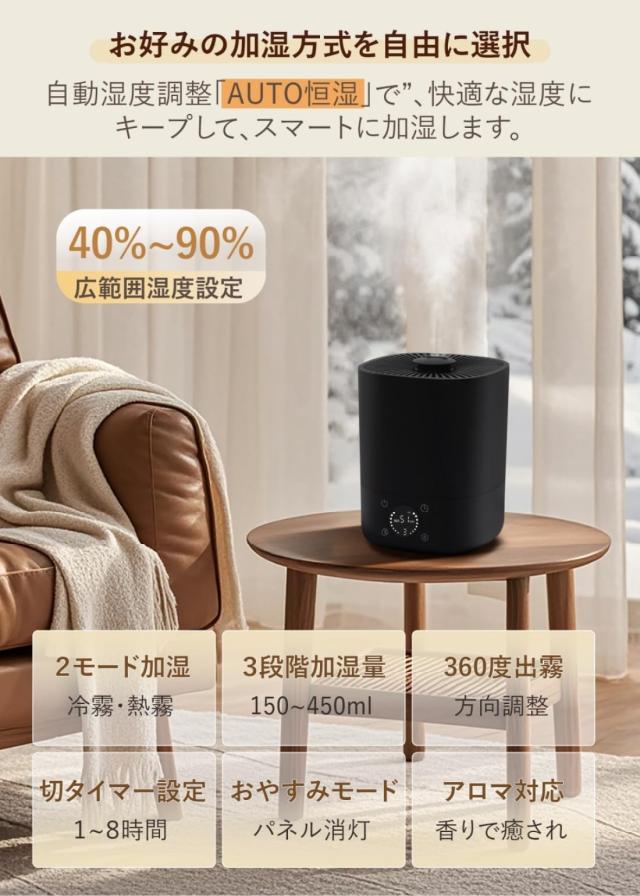 【 2025新登場 AI恒湿 UV除菌 】 加湿器 ハイブリッド式 (スチーム式 + 超音波式 1台2役) 蓋から給水 漏れない設計 マイナスイオン清浄_3