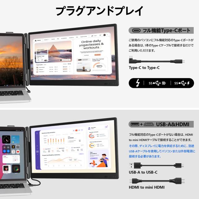 Laptomo デュアルモニター 14インチ モバイルモニター 持ち運 IPSパネル ポータブルデュアルディスプレイ FHD 1080P ノートパソコンモニ_4