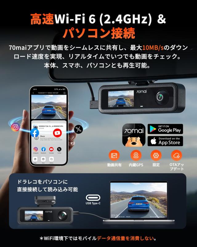 3カメラ 64GBカード付属】 70mai Dash Cam T400 ドライブレコーダー F1