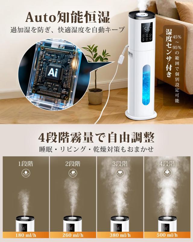 加湿器 大容量 9L 【2025プレミアム新モデル・5重除菌・AIスマート】 超