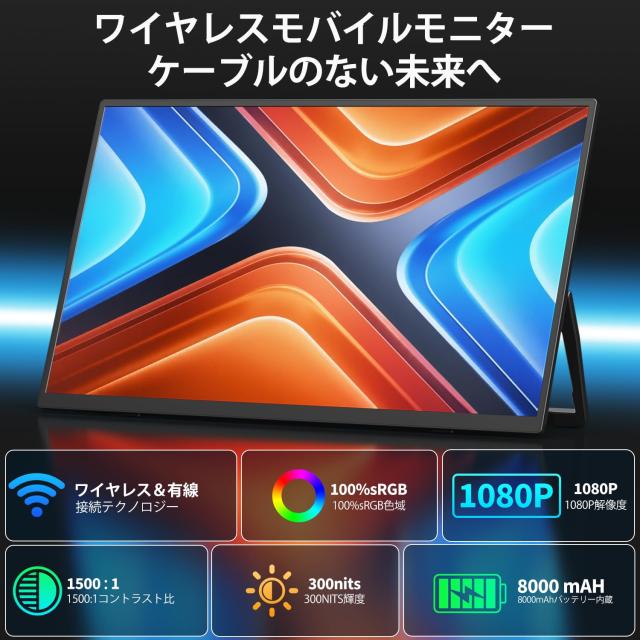 KEEPTIME ワイヤレス モバイルモニター 15.6インチ 1920*1080 モバイルディスプレイ 8000mAhバッテリー内蔵 卓上スタンド付き 自立スタン_1