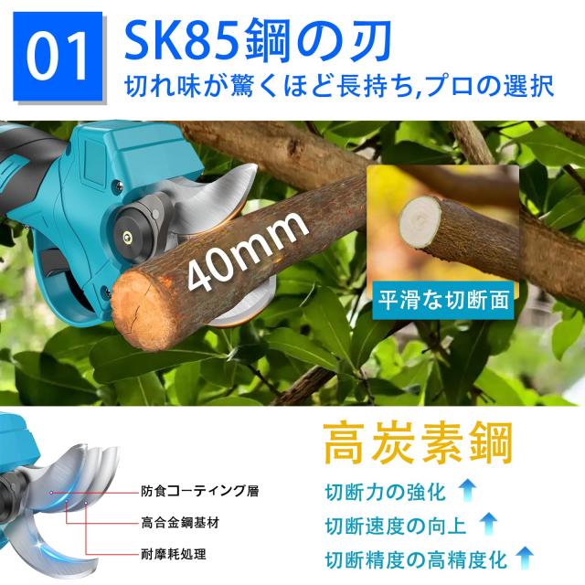 電動剪定バサミ2026年 切断径40mmのコードレス充電式剪定バサミ 2段階開き角度調節可PSE認証取得済み マキタ18V互換 切断回数と残量表示_2