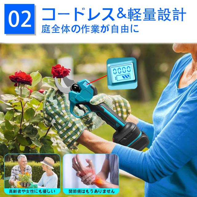 電動剪定バサミ2026年 切断径40mmのコードレス充電式剪定バサミ 2段階開き角度調節可PSE認証取得済み マキタ18V互換 切断回数と残量表示_3