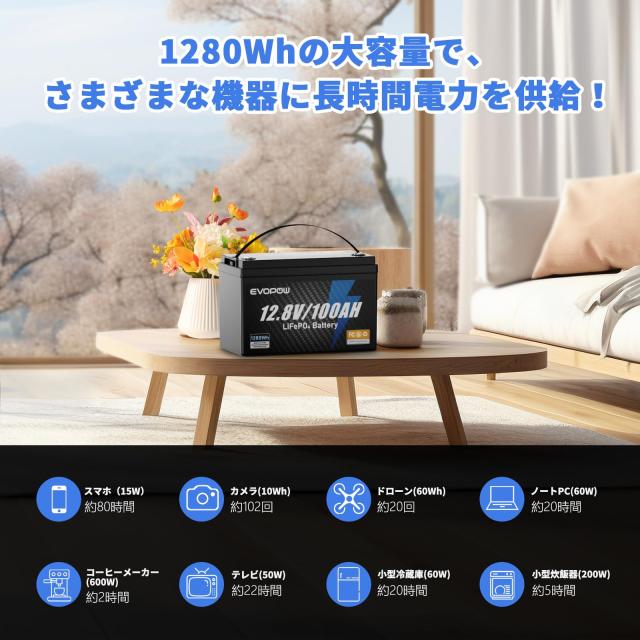 EVOPOW 12.8V 100Ah リン酸鉄リチウムイオンバッテリー 1280Wh LiFePO4 1280W出力 100AのBMS 3000回以上サイクル 10年長寿命 コンパクト