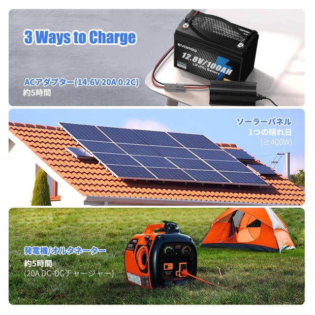 EVOPOW 12.8V 100Ah リン酸鉄リチウムイオンバッテリー 1280Wh LiFePO4 1280W出力 100AのBMS 3000回以上サイクル 10年長寿命 コンパクト