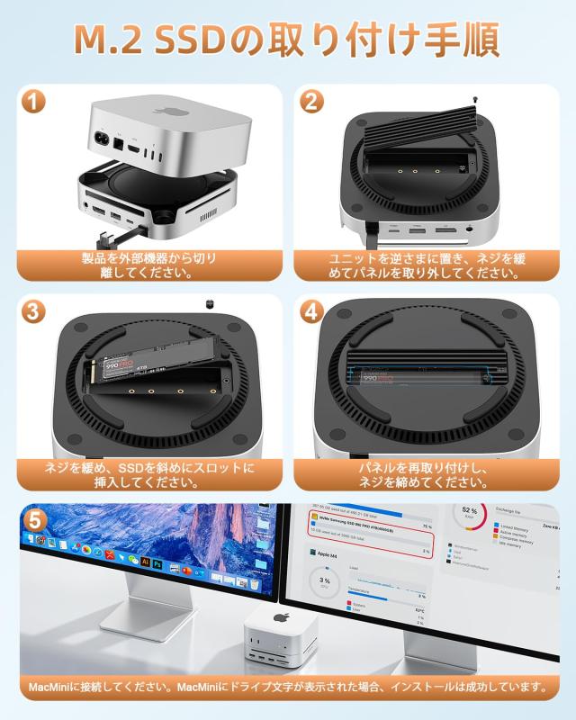 【2025新登場】Mac mini M4/M4 Pro専用 10-in-1 ドッキングステーション｜mac mini スタンド｜8K対応DPポート・最大8TB NVMe SSD拡張｜US