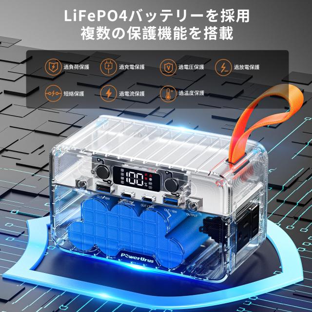PowerUrus ポータブル電源 89.6Wh リン酸鉄 小型 軽量 AC100V DC100W ６つ出力ポート 急速充電 Type-C搭載 ポータブルバッテリー LEDライ_7