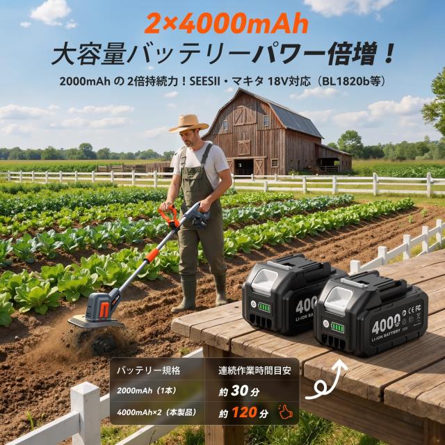 【2026年最新型】TaskStar 耕運機 充電式 家庭用 電動耕うん機 コードレス 2個4.0Ahバッテリー付き 小型軽量 26cm耕幅・23cm耕深 強力モ_3