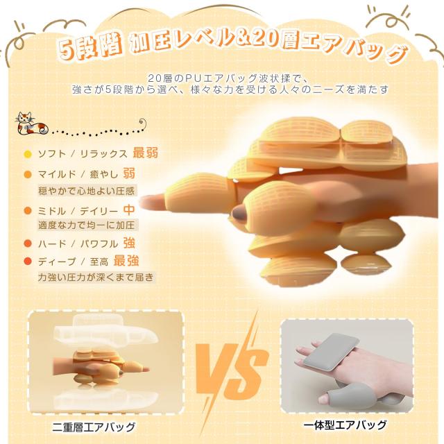 ハンドケア リラクゼーション器 5段階加圧調整 エアバッグ 両手対応 指 