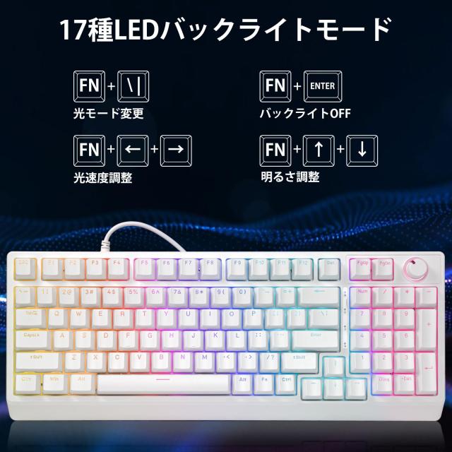 HUOJI ゲーミングキーボード USB有線 メカニカル 静音赤軸 テンキー付き 英語配列 ノブ付き サイド発光 LEDバックライト ゲーミング/オフ