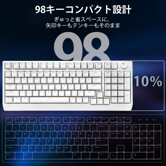 HUOJI ゲーミングキーボード USB有線 メカニカル 静音赤軸 テンキー付き 英語配列 ノブ付き サイド発光 LEDバックライト ゲーミング/オフ