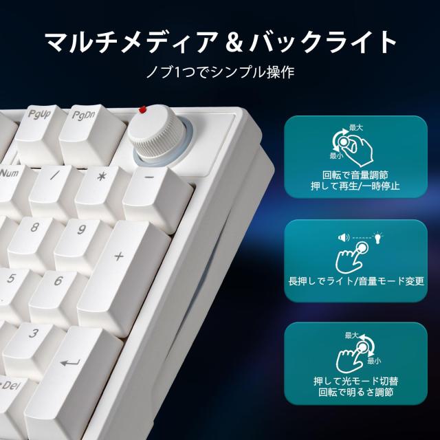 HUOJI ゲーミングキーボード USB有線 メカニカル 静音赤軸 テンキー付き 英語配列 ノブ付き サイド発光 LEDバックライト ゲーミング/オフ