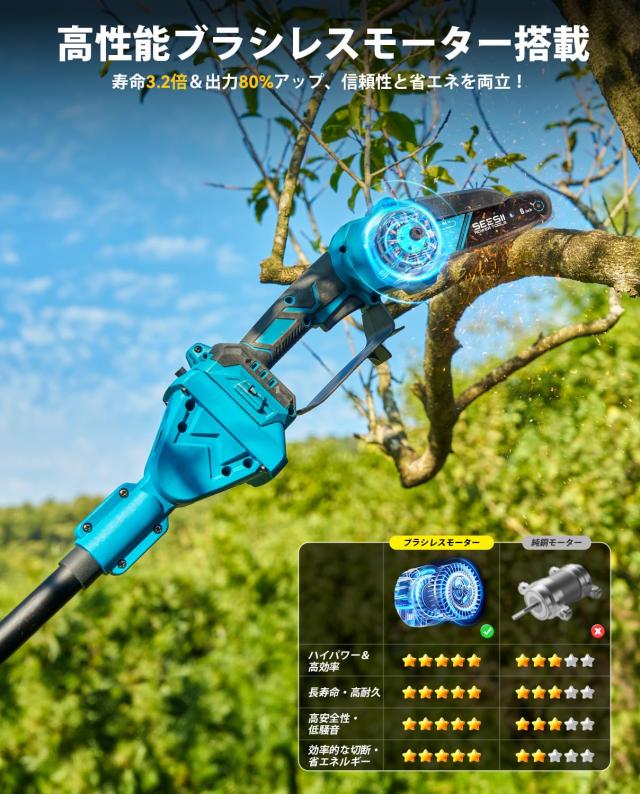 【2026年新型】SEESII たかえだ電動チェーンソー 高枝切り剪定バサミ 1台4役 4.0Ah大容量バッテリー2個付 125-250cm伸縮式延長ポール ブ_6