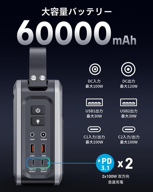 ポータブル電源 小型 ポタ電 急速充電 大容量 60000mAh 合計出力268W ぽーたふる電源 蓄電池 リン酸鉄 長寿命 軽量 コンパクト 1.6Kg モ_4