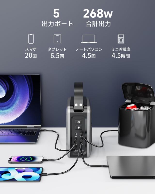 ポータブル電源 小型 ポタ電 急速充電 大容量 60000mAh 合計出力268W ぽーたふる電源 蓄電池 リン酸鉄 長寿命 軽量 コンパクト 1.6Kg モ_6
