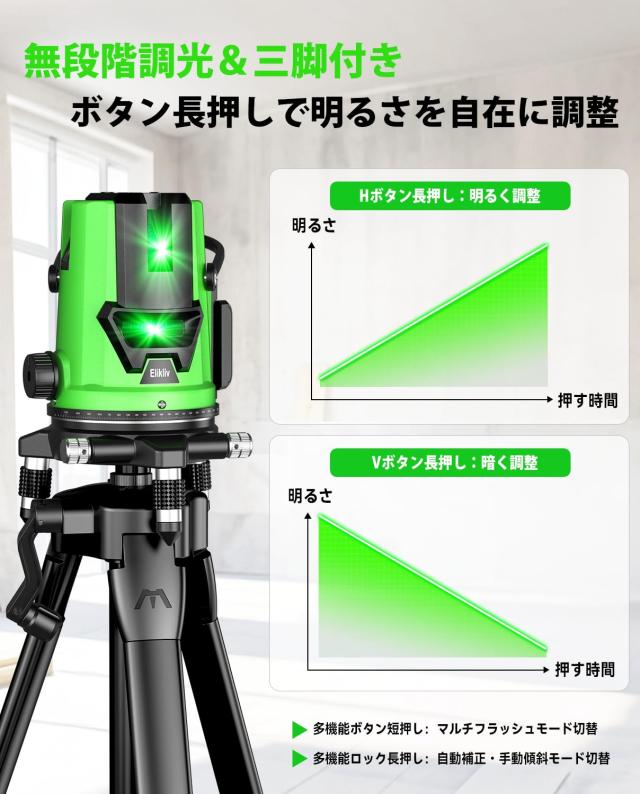 【2026年新登場】Elikliv レーザー墨出し器 グリーンレーザー水準器 5ライン6点照射 360°回転・四方向大矩ライン LCD電源ディスプレイ搭_3