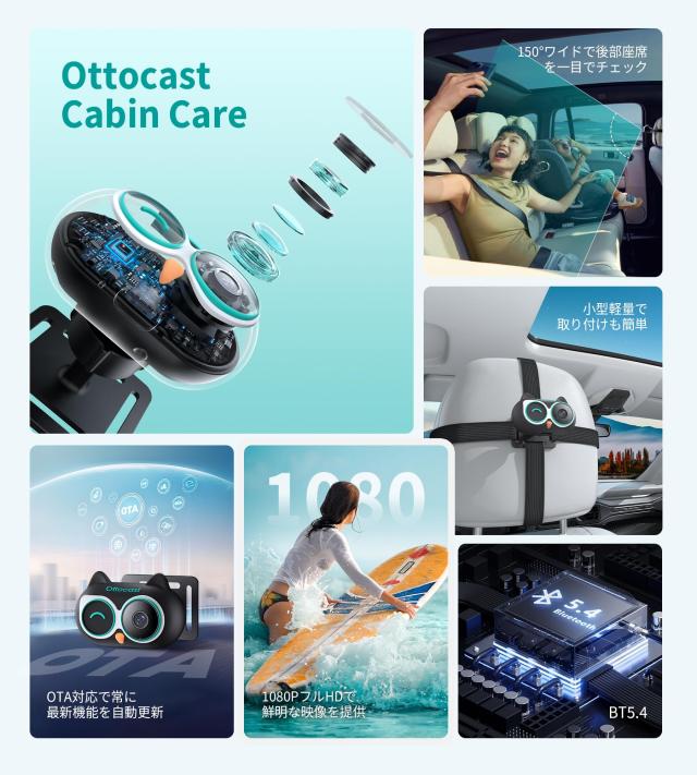 【公式】オットキャスト キャビンケア 2025新型 Ottocast Cabin Care ワイヤレス 後部座席用ベビーカーカメラ CarPlay カープレイ無線化