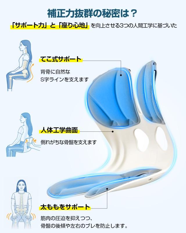 【理学療法士推薦】KOJIHOMU 姿勢矯正 椅子 骨盤矯正 姿勢サポートチェア 座椅子 腰が痛くならない 高反発メモリー綿 腰当て 姿勢補正 ク_3