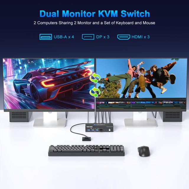 HDMI DP KVM切替器 4K@60Hz 2モニタ2コンピュータ、2入力2出力スイッチ、 4つのUSB 3.0ポートのため2台のコンピュータで2モニタ/キーボー_1