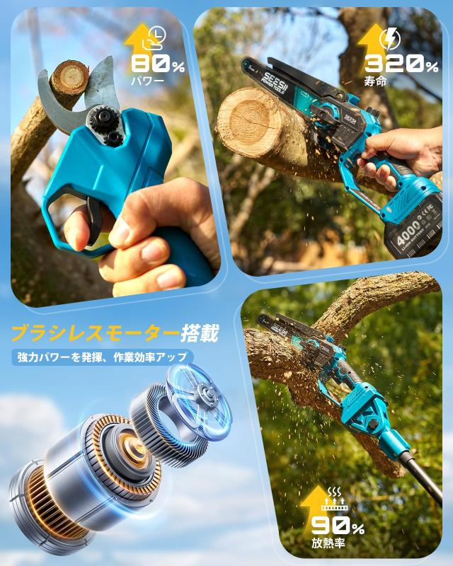 【2026年新型】SEESII たかえだ電動チェーンソー 高枝切り剪定ばさみ 8インチ/6インチ ハンディソー 充電式 1台6役 4.0Ah大容量バッテリ_5