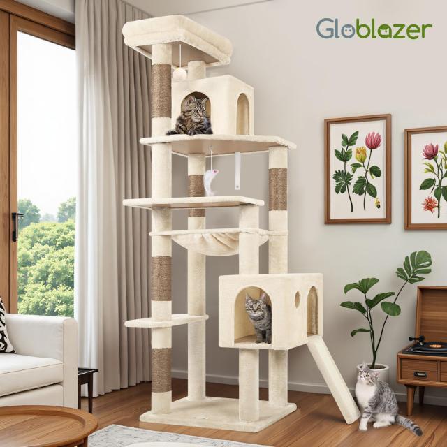 Globlazerコーナー キャットタワー 超スリム 猫タワー 2つキャットハウス 大きな屋上展望台 柔らかい特大ハンモック 天然麻紐のスロープ_6