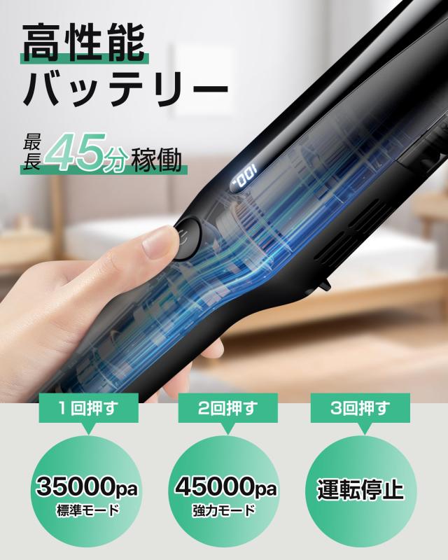 掃除機 コードレス 軽量【45000pa超強力吸引・45分連続稼働・収納＆充電 スタンド付き・ホコリ自動検知】 ハンディ 掃除機 スティック ク_3