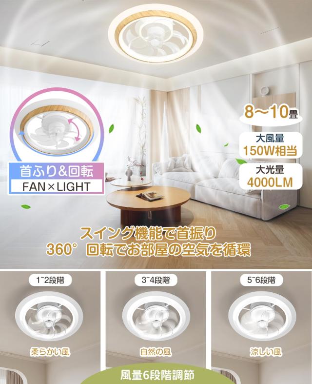 SUKITEN シーリングファンライト LED 導光板 正逆回転 首振り機能 6~8 