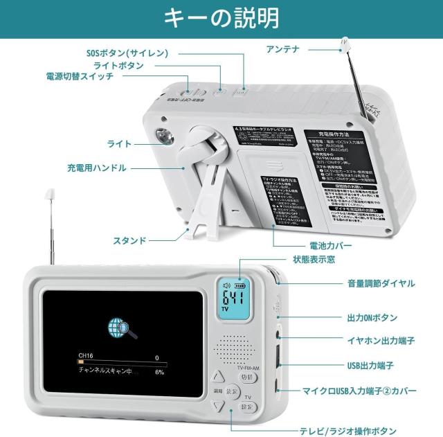 【2026年発売】 ポータブルテレビ・4.3ンチ多機能ワンセグテレビ・防災テレビラジオ・ラジオ付き携帯テレビワンセグテレビ・FM/AM防災グ_8
