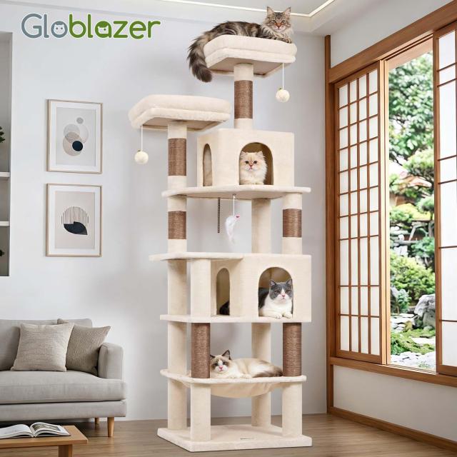 Globlazer キャットタワー ベージュ 大型猫用 据え置き 多頭飼い 多機能 コンパクト 登りやすい 猫タワー 2つ広々としたの猫ハウス 柔ら_6