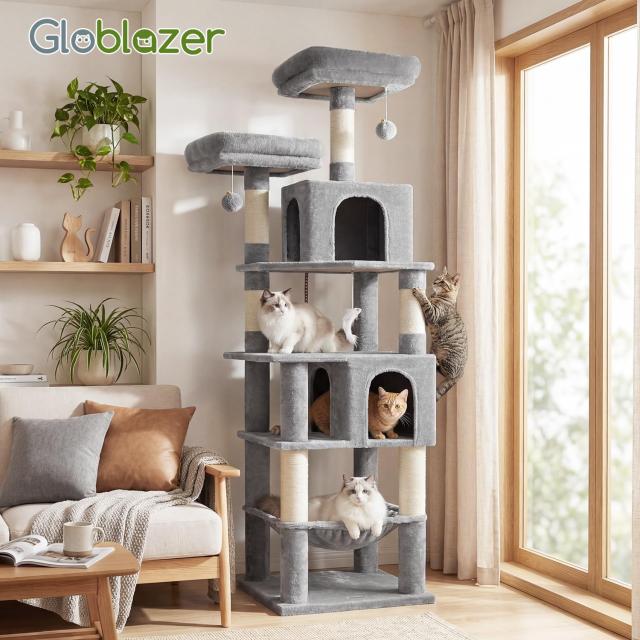 Globlazer キャットタワー 大型猫用 中型猫用 据え置き 多機能 猫タワー 2つ広々としたの猫ハウス 柔らかくて大きなハンモック 2つ取り外_6