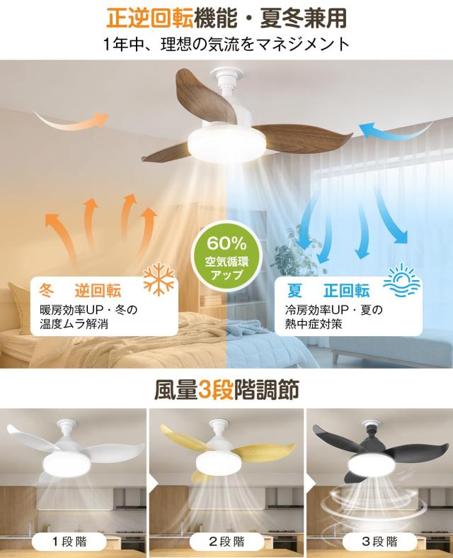 SUKITEN シーリングファンライト LED 【2026 】Φ63.5cm 正逆回転 38W 3500lm 抜け止め構造の羽根 DCモーター 静音 無段階調光調色 壁ス_4