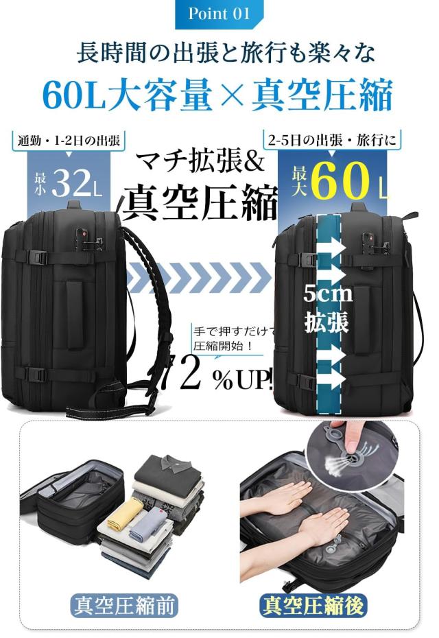 [sushoori] リュック ビジネスリュック バックパック リュックサック 大容量 60L 真空圧縮 電動ポンプ付 メンズ 拡張 TSAロック 盗難防止_2
