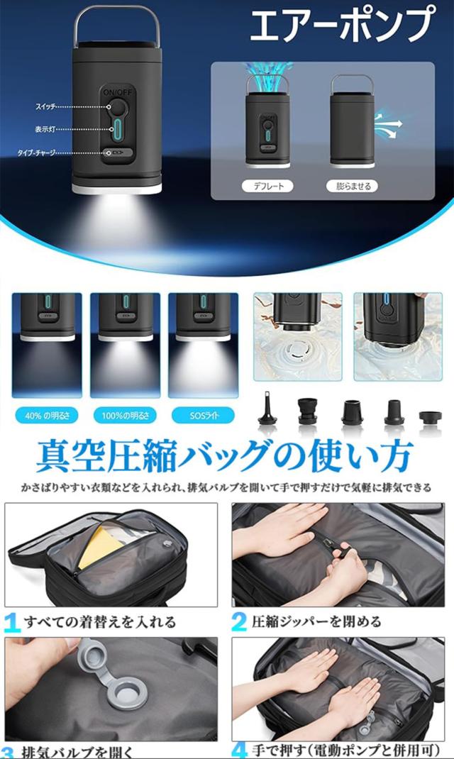 [sushoori] リュック ビジネスリュック バックパック リュックサック 大容量 60L 真空圧縮 電動ポンプ付 メンズ 拡張 TSAロック 盗難防止_4
