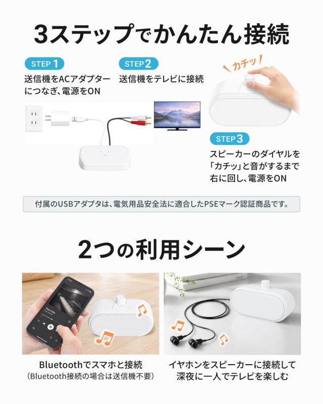 Evinof ワイヤレス手元スピーカー テレビ用 2.4G Bluetooth対応 最大