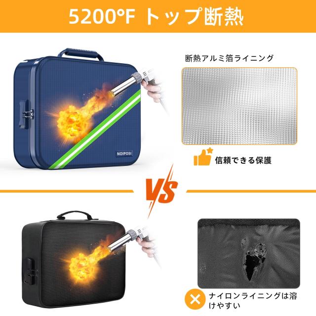 Noiposi 耐火バッグ、2800℃断熱 耐火ケース 36 x27 x10cm 防水・耐火書類ボックス ロック付き 家庭用強力耐火金庫ストレージ ボックス