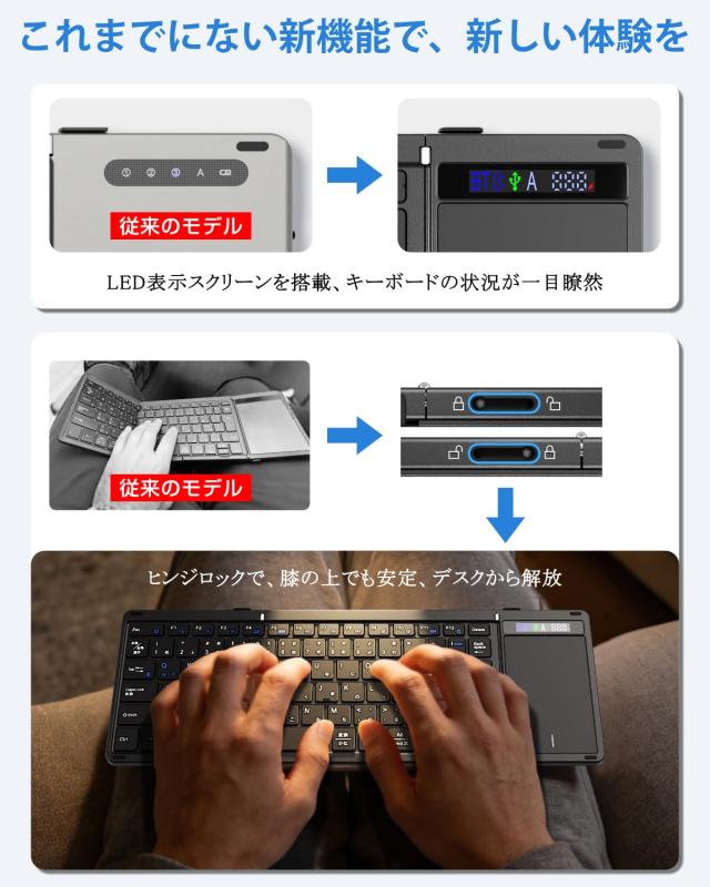 【最新型】Ewin キーボード ワイヤレス 折りたたみ bluetooth 無線と有線両対応 表示スクリーン＆ヒンジロック搭載 ipad mac タブレット_1