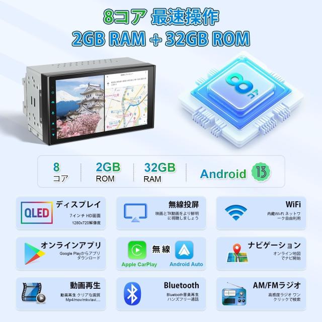 Androidカーナビ 2DIN、7インチディスプレイオーディオ、CarPlayワイヤレス、無線 Android Auto、WiFi 対応/Bluetooth/USB テザリング、_2