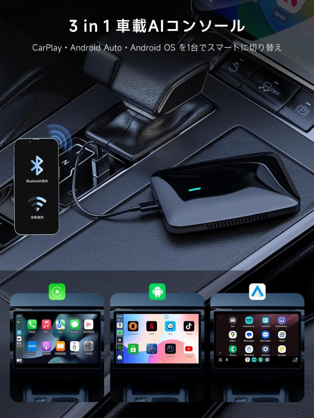 CarPlay AIボックス、Netflix/YouTube/TFカード対応 ワイヤレスCarPlayアダプター、4G LTE内蔵 ワイヤレスAndroid Autoアダプター、3GB+3_1