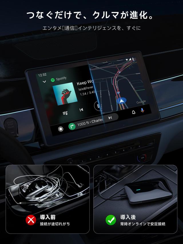 CarPlay AIボックス、Netflix/YouTube/TFカード対応 ワイヤレスCarPlayアダプター、4G LTE内蔵 ワイヤレスAndroid Autoアダプター、3GB+3_5