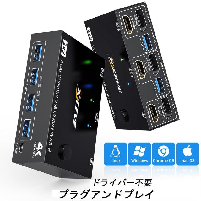 デュアル モニター KVM スイッチ 2 ポート 4K@60Hz HDMI+DP USB 3.0 スイッチ 拡張ディスプレイ 2 台のモニター 2 台のコンピューター US_5