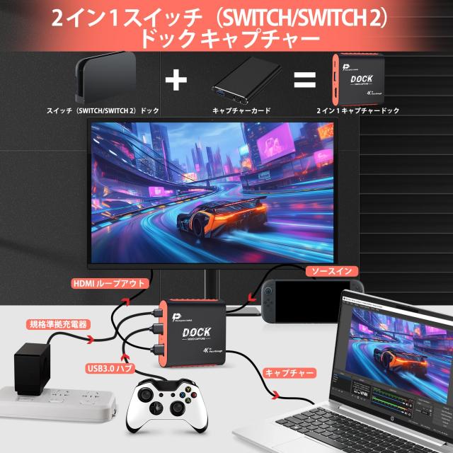 キャプチャーボード Switch 2/Switch/Steam Deck 対応 2-in-1 ドック テレビ出力 1080P 60Hz 低遅延 4K HDMI パススルー PD100W 充電 ゲ_1