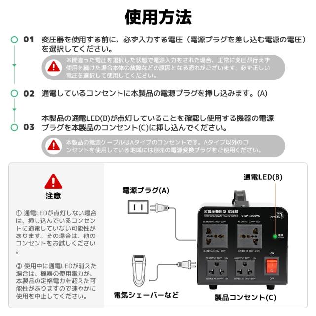 LVYUAN（リョクエン）アップトランス ダウントランス 1000W 海外国内両用型変圧器 降圧・昇圧【220V地域機対応 変圧器】100V 220V 自由変_5