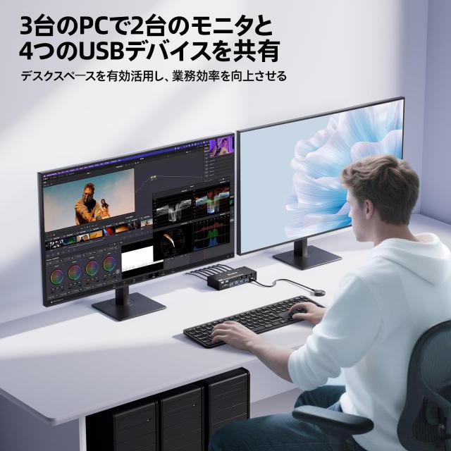 KCEVE 8K@60Hz USB3.0 KVMスイッチ 3入力2出力、ミラー/拡張モード KVM Switch PC3台とモニター2台対応 キーボード、マウスを3PCで共有_1